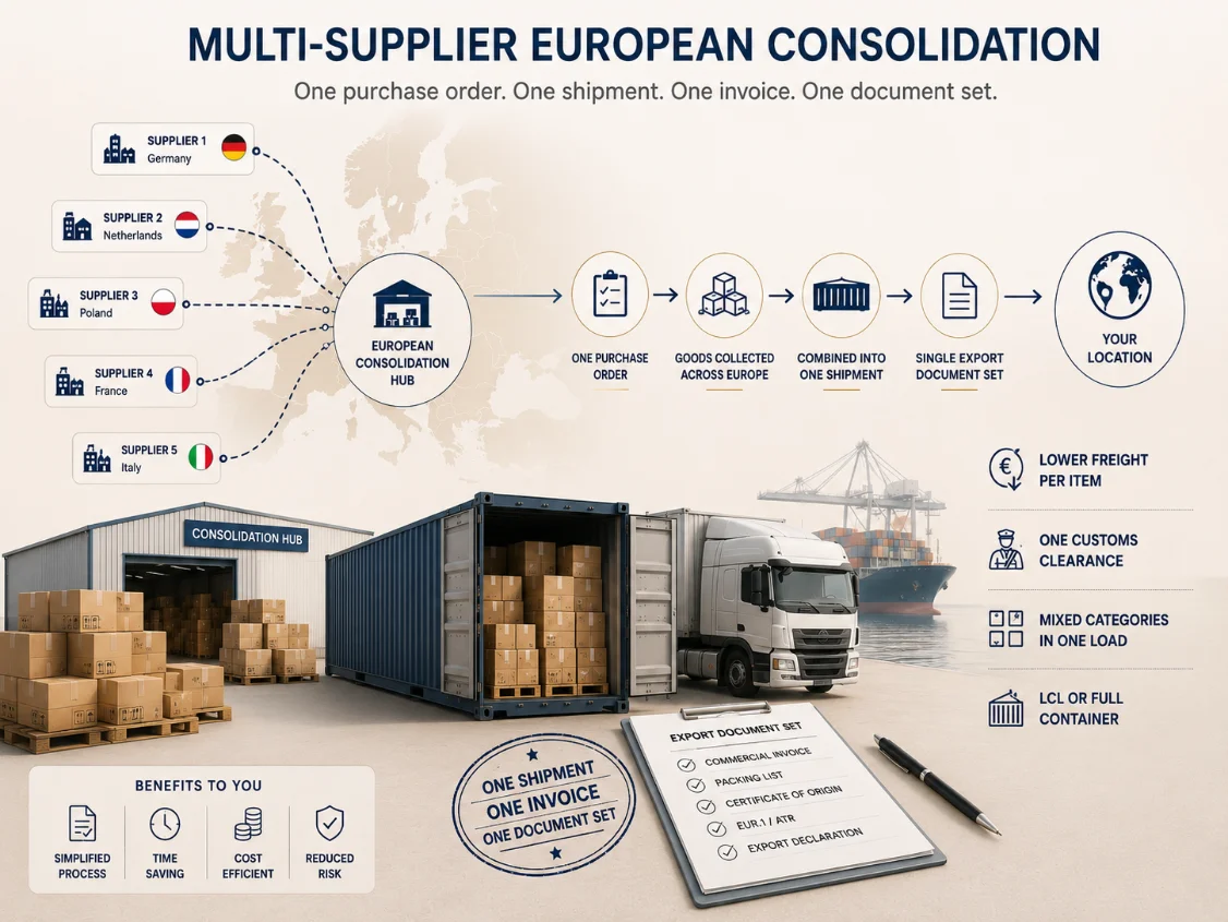 Diagram of multi-supplier European consolidation: five suppliers feeding one hub, then one purchase order, one shipment and one export document set