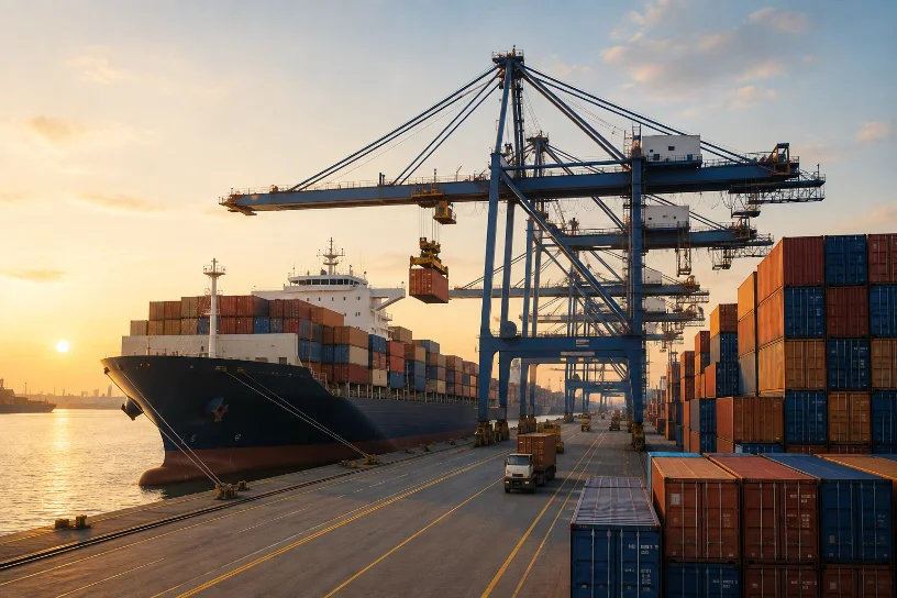 Container ship being unloaded by gantry cranes at a port terminal at sunrise