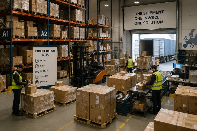 Warehouse consolidation area where staff palletise cartons for loading into a container