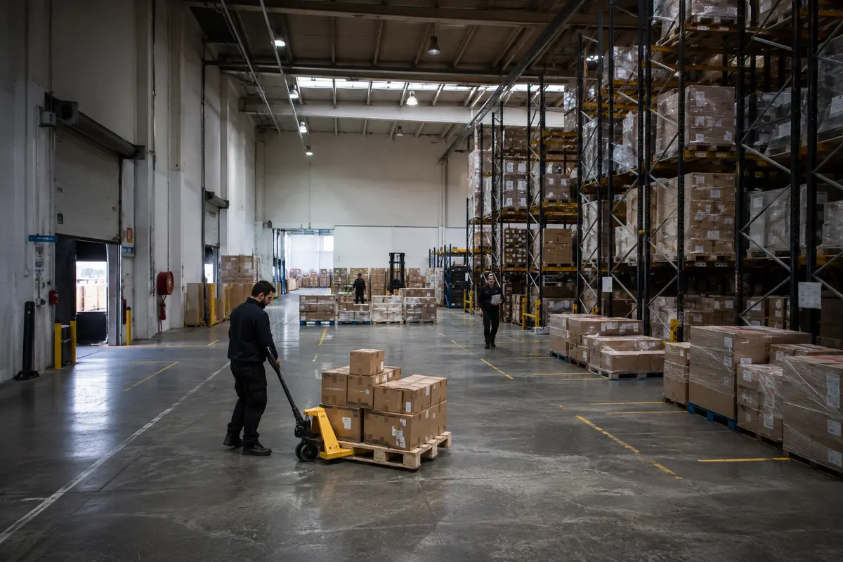 Warehouse consolidation area where staff palletise cartons for loading into a container